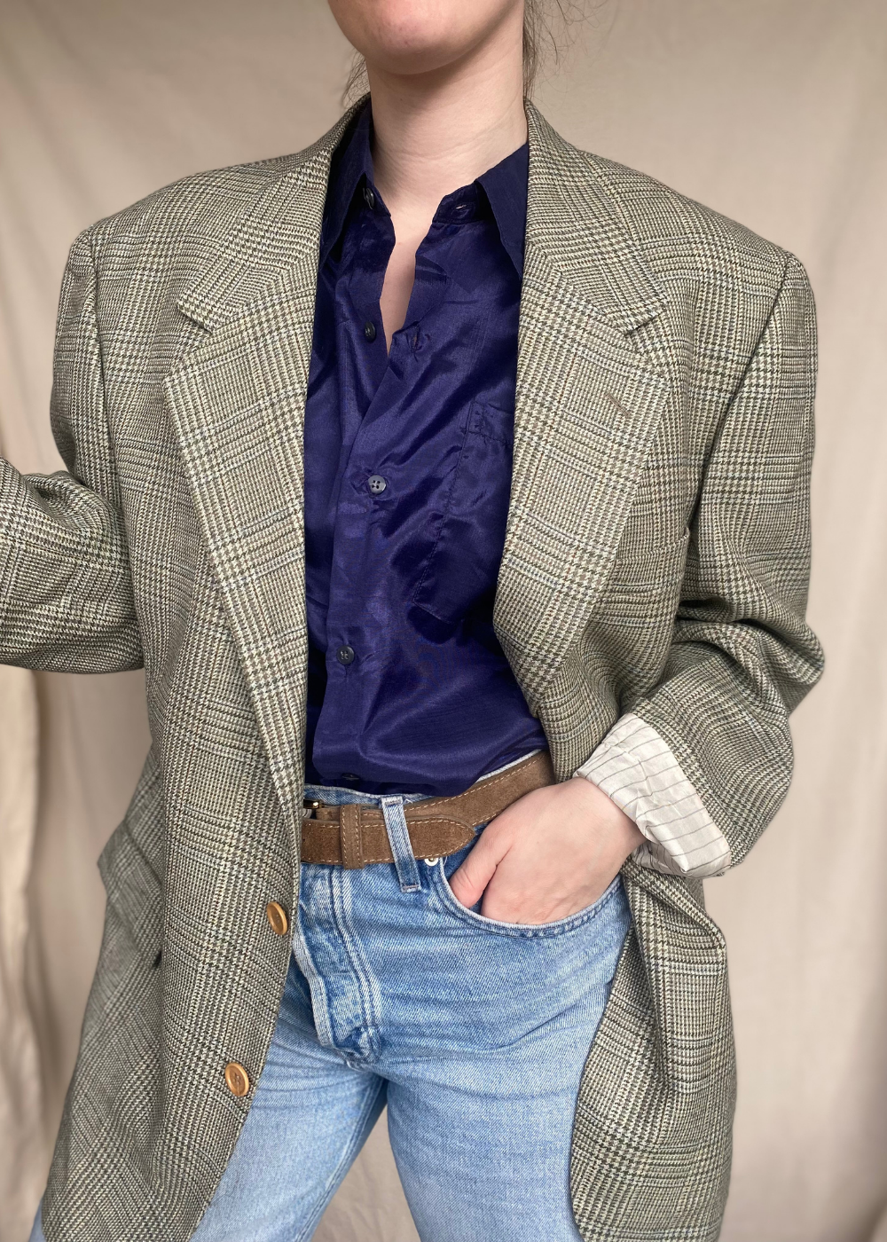 100% donkerblauwe zijde top - maat L/XL