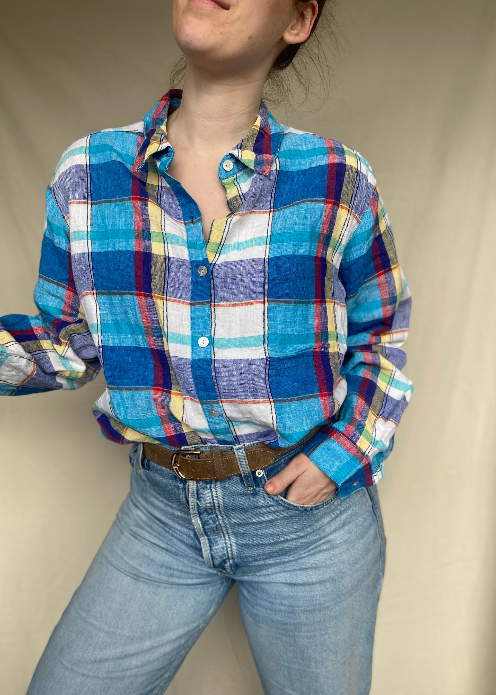 100% linnen blauwe blouse - maat L/XL