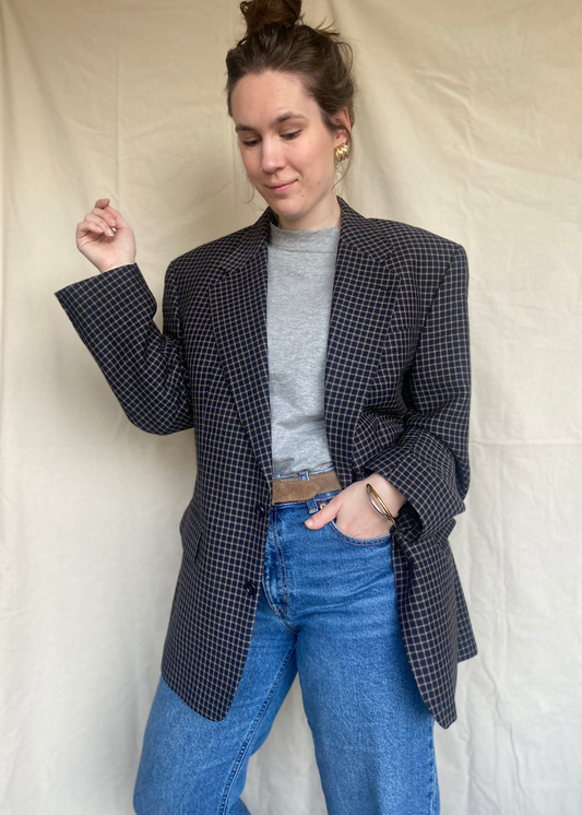 Wollen geruiten blazer - L