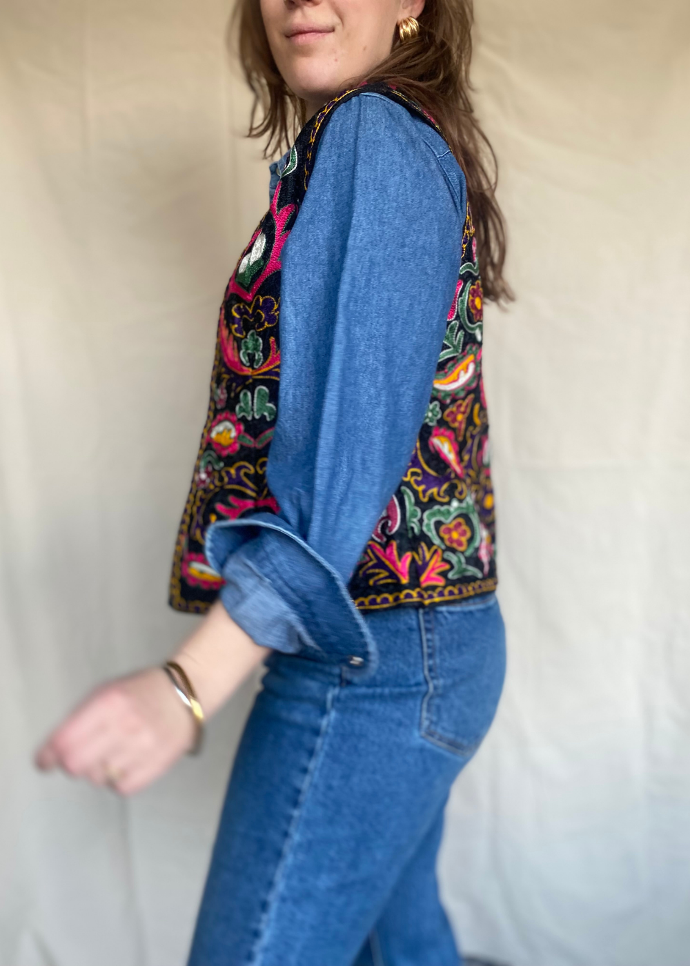 Handgeborduurd vintage gilet - maat M/L