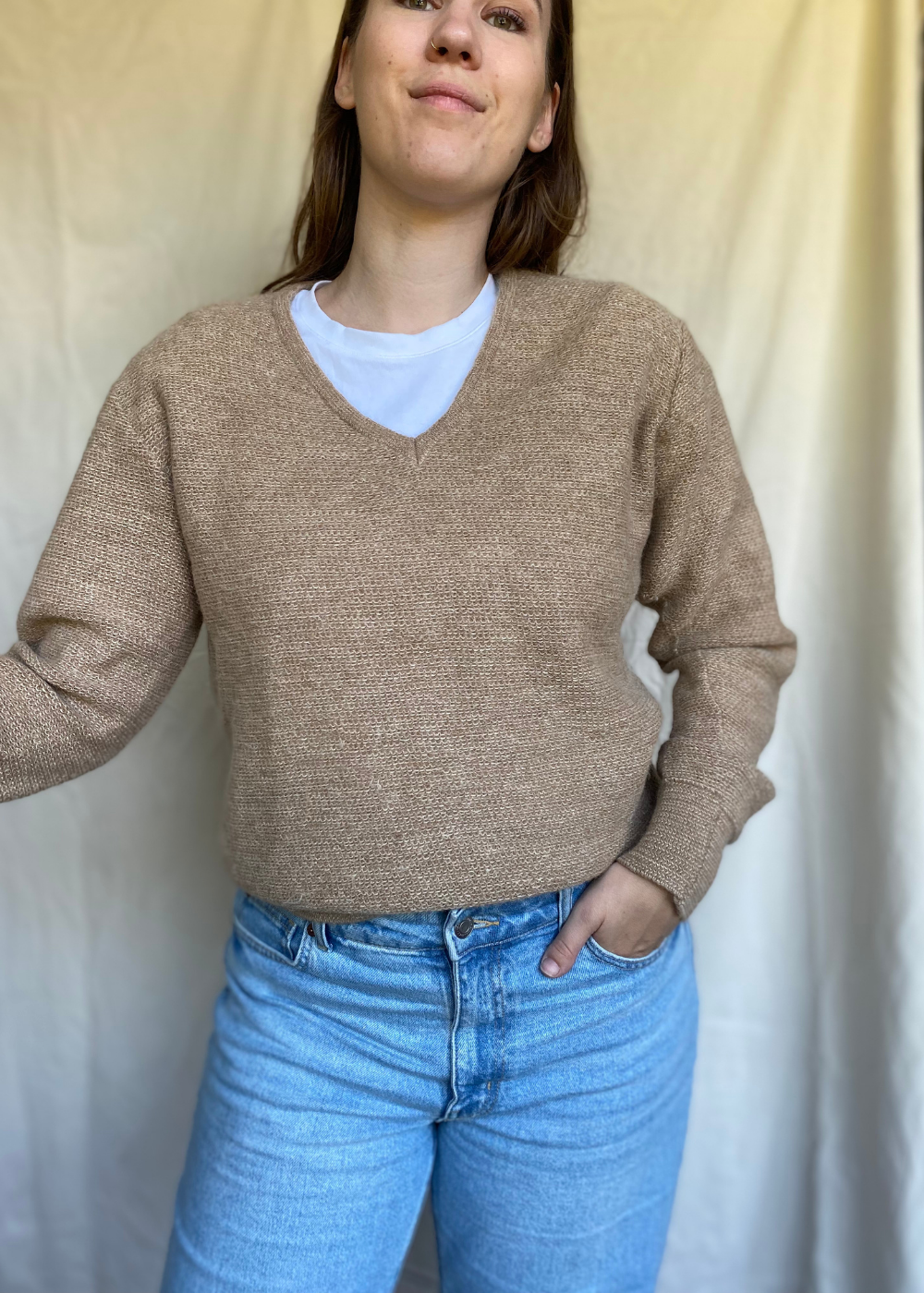v-hals beige alpaca wollen trui - maat S/M