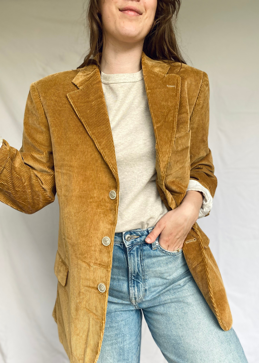 Dames camel beige ribstof blazer - maat L/XL