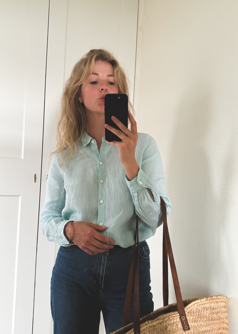 Lichtblauwe linnen blouse - maat S/M