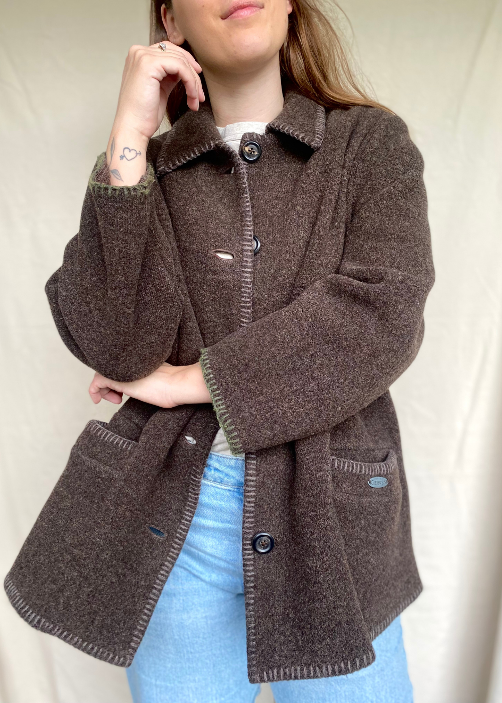 Bruine wollen dames jas - maat L/XL