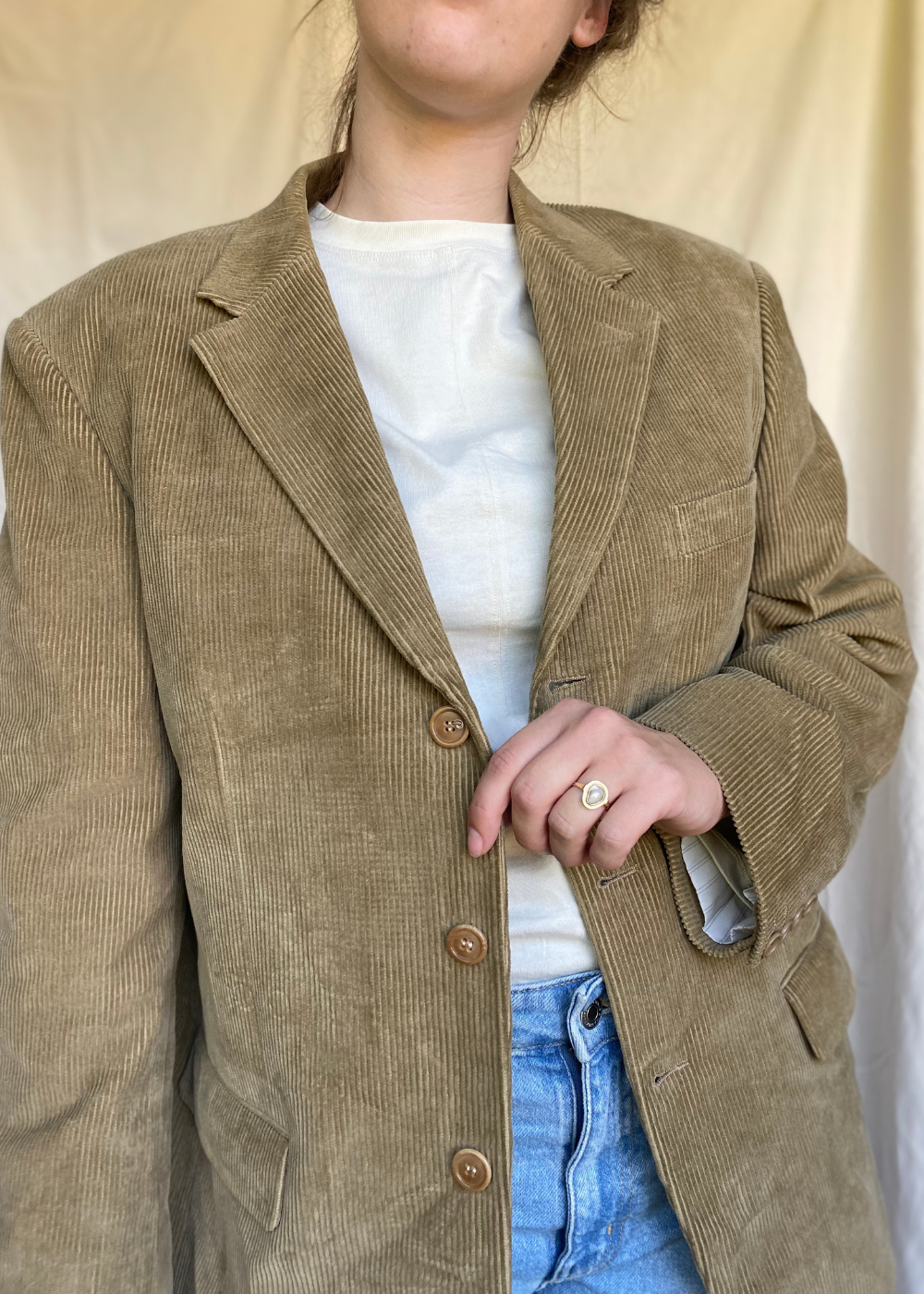 Beige katoenen ribstof blazer - maat L/XL