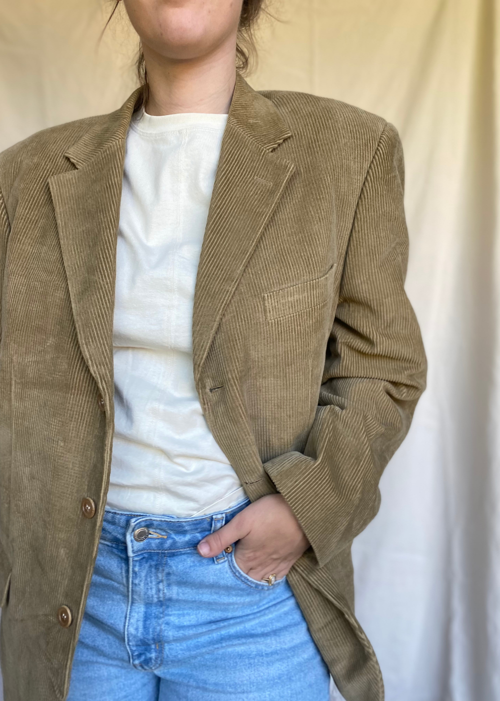 Beige katoenen ribstof blazer - maat L/XL