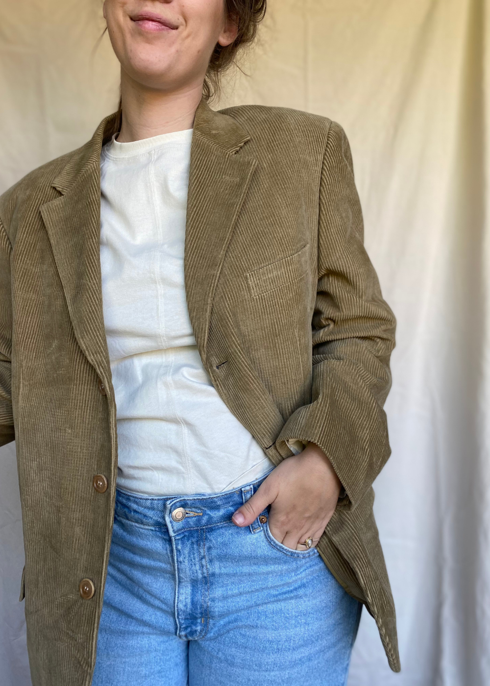 Beige katoenen ribstof blazer - maat L/XL