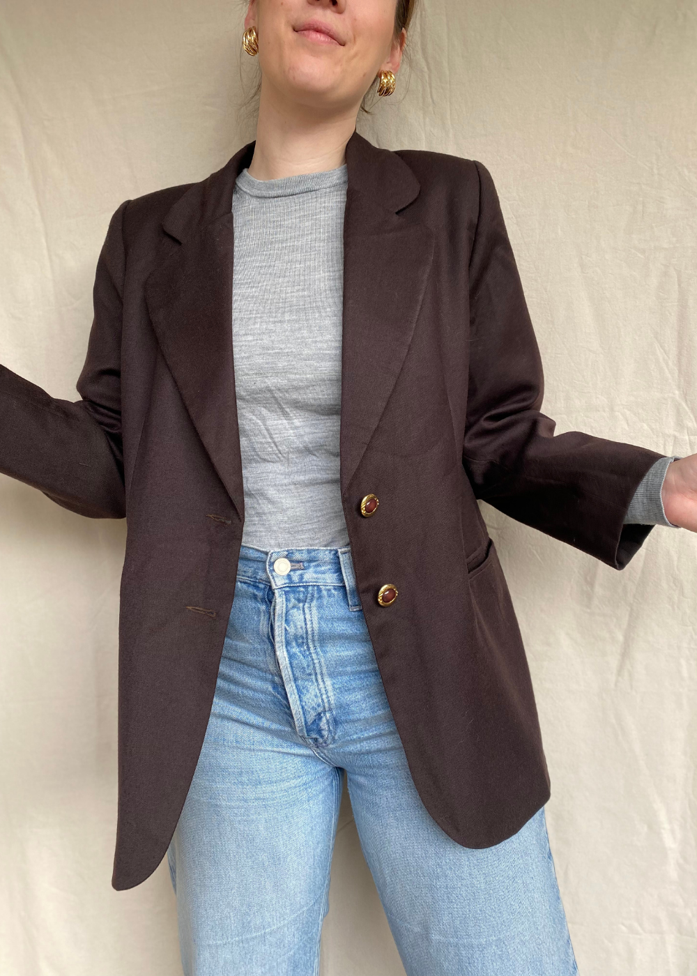 Donkerbruine lana wollen blazer - maat M/L