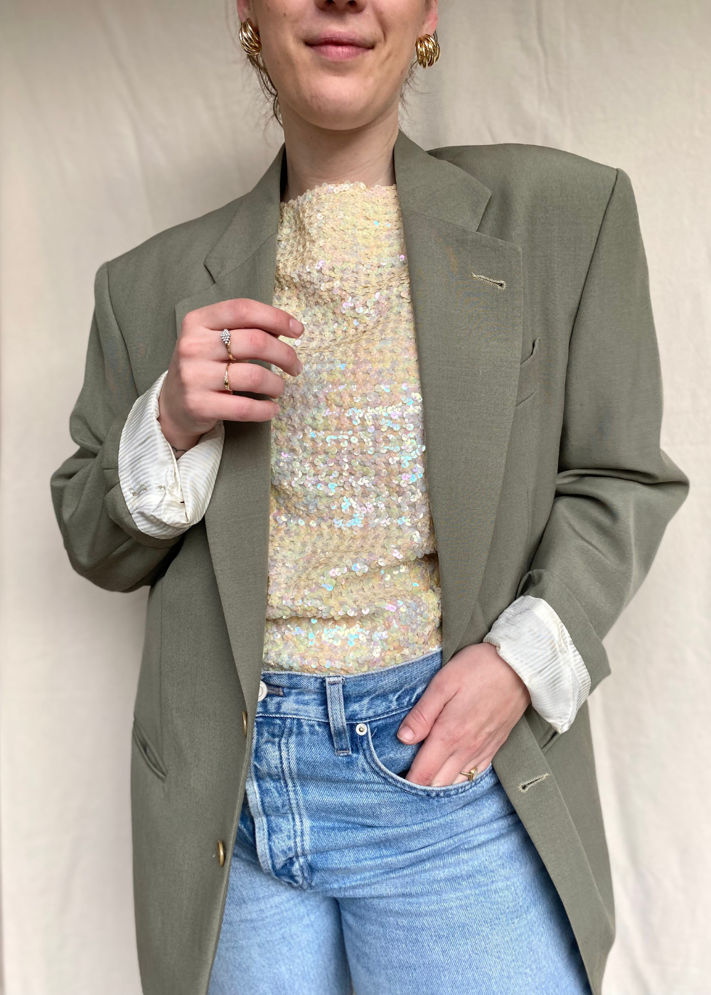 Handgemaakte witte pailletten top - maat M/L