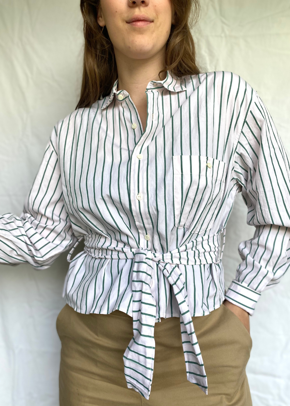 Remade - roze blouse met groene strepen - maat M/L