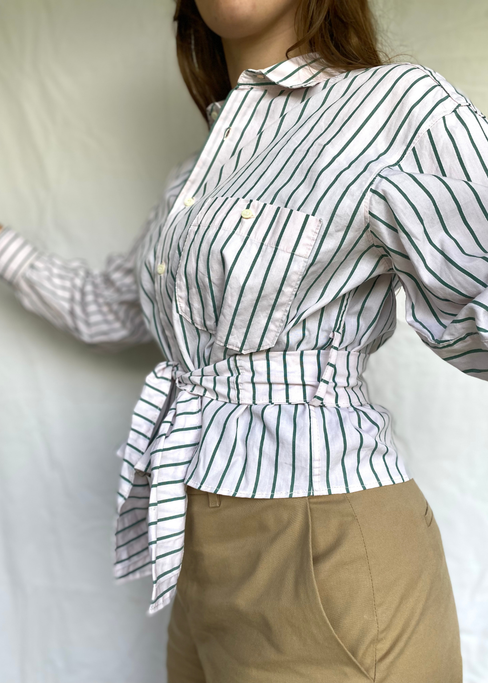 Remade - roze blouse met groene strepen - maat M/L