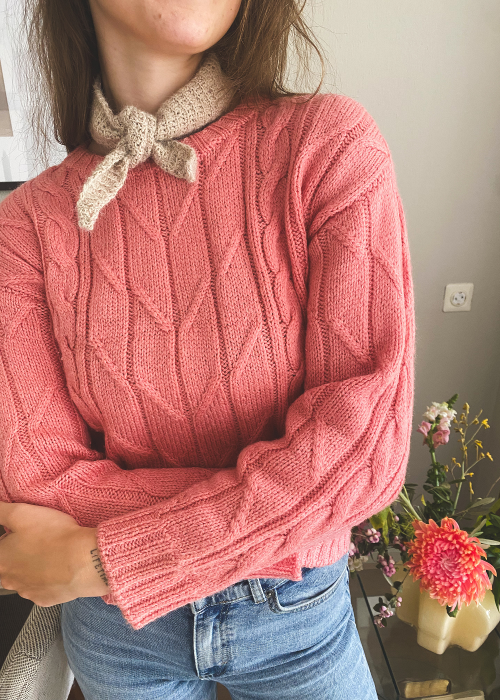 Roze kabeltrui - maat XS/S