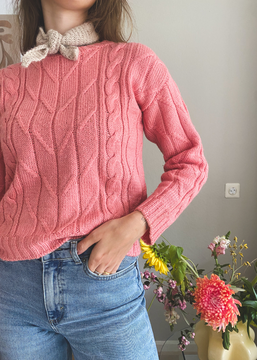 Roze kabeltrui - maat XS/S
