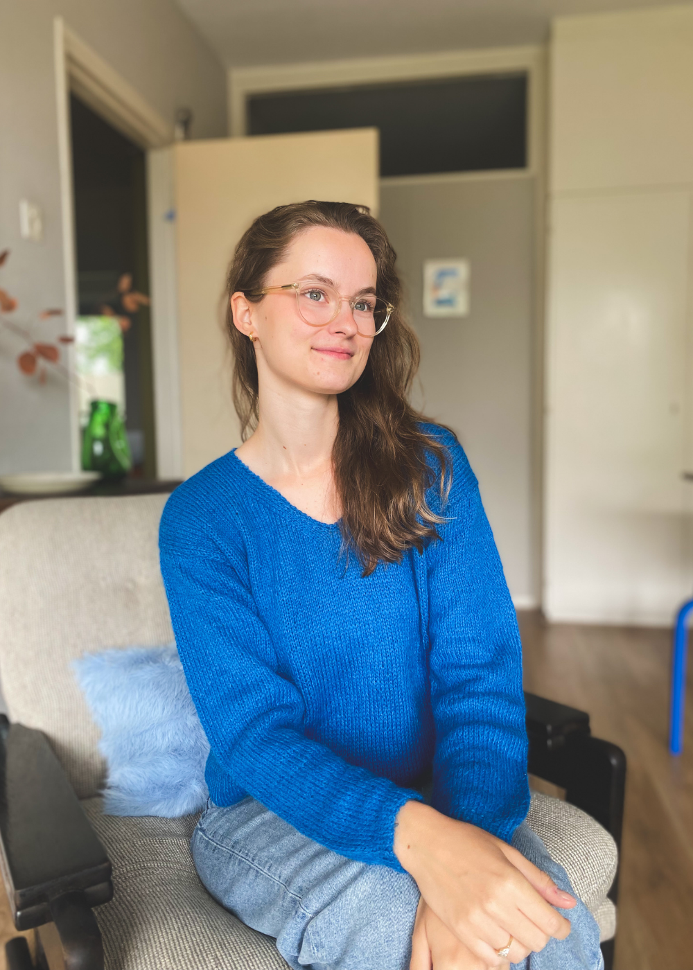 Blauwe handgemaakte trui - maat S/M