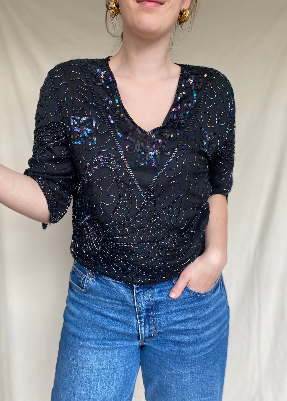 Glittertop met korte mouwen – maat L