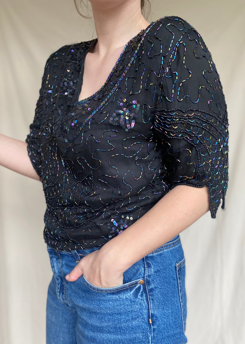 Glittertop met korte mouwen – maat L