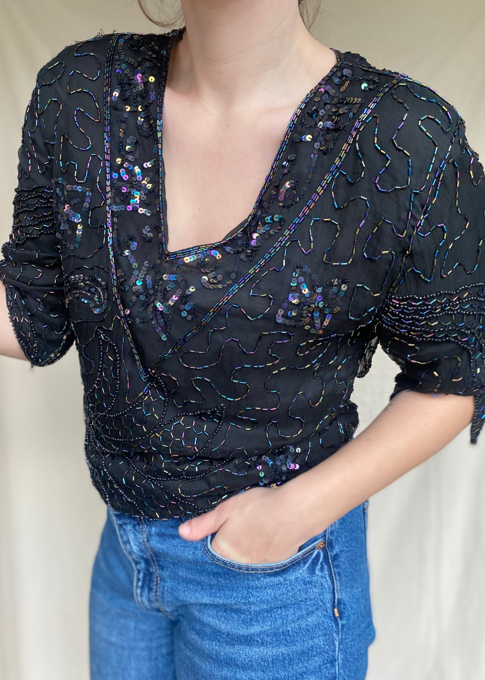 Glittertop met korte mouwen – maat L