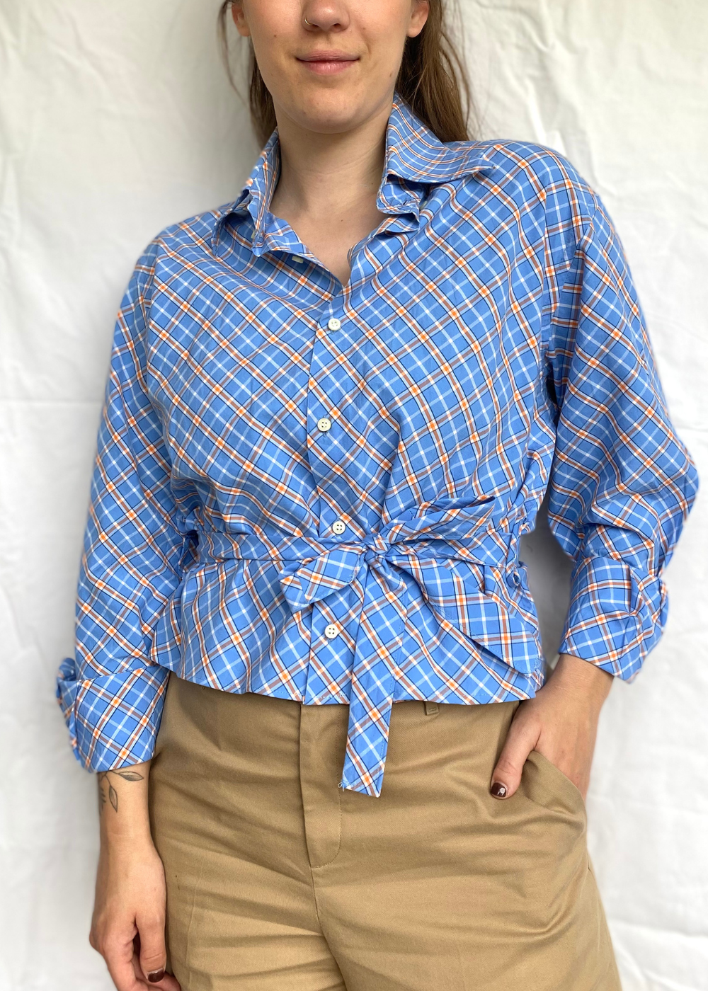Remade - blauwe blouse met oranje - maat M/L