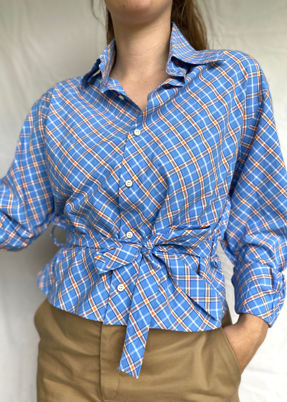 Remade - blauwe blouse met oranje - maat M/L