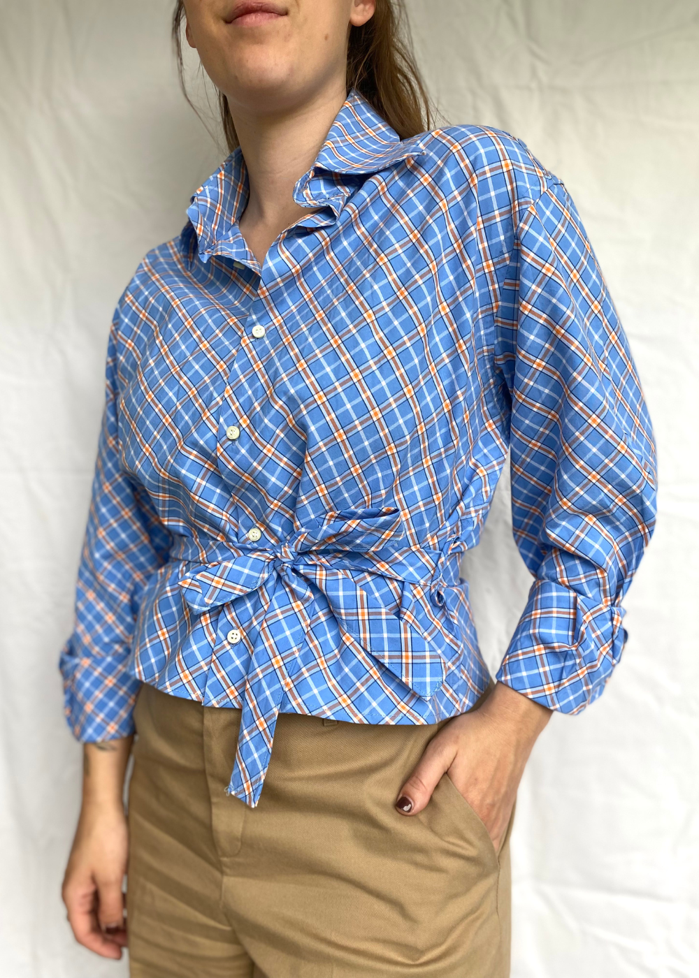 Remade - blauwe blouse met oranje - maat M/L