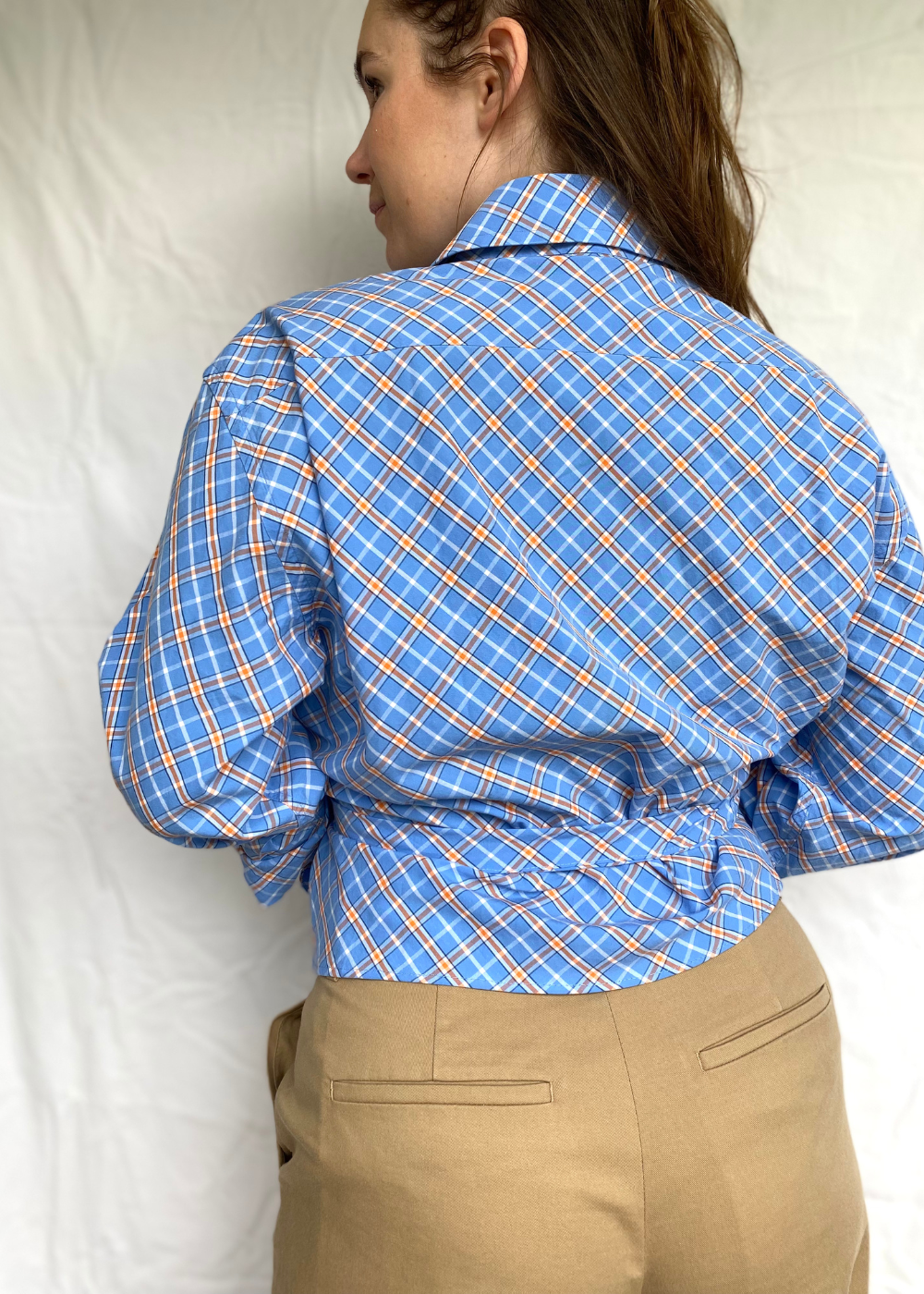 Remade - blauwe blouse met oranje - maat M/L