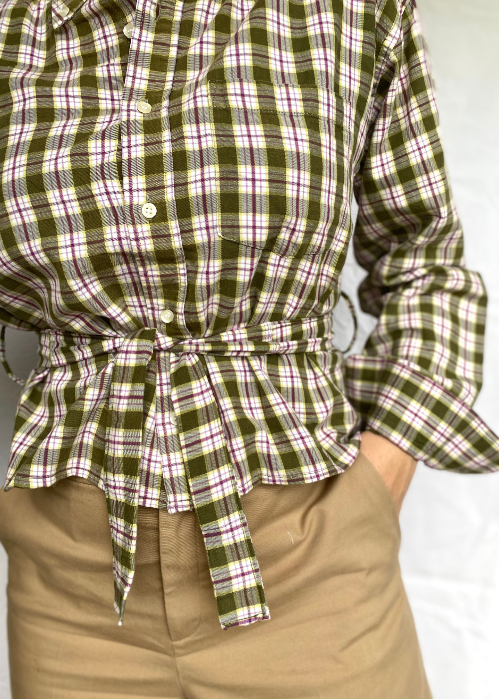 Remade - geblokte blouse met strik - maat L/XL