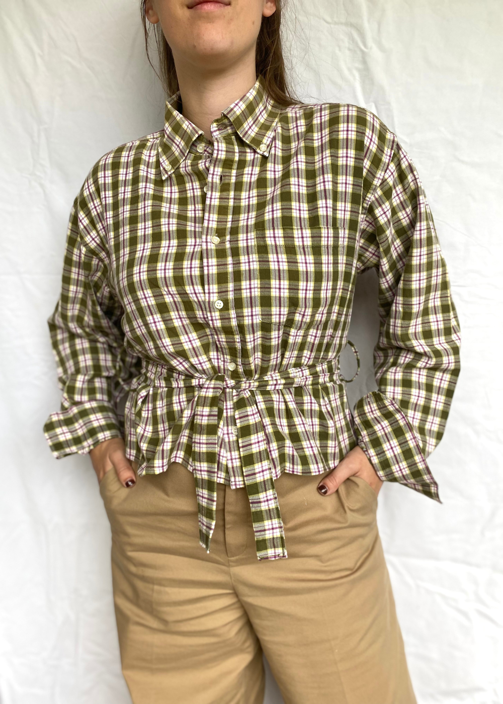 Remade - geblokte blouse met strik - maat L/XL