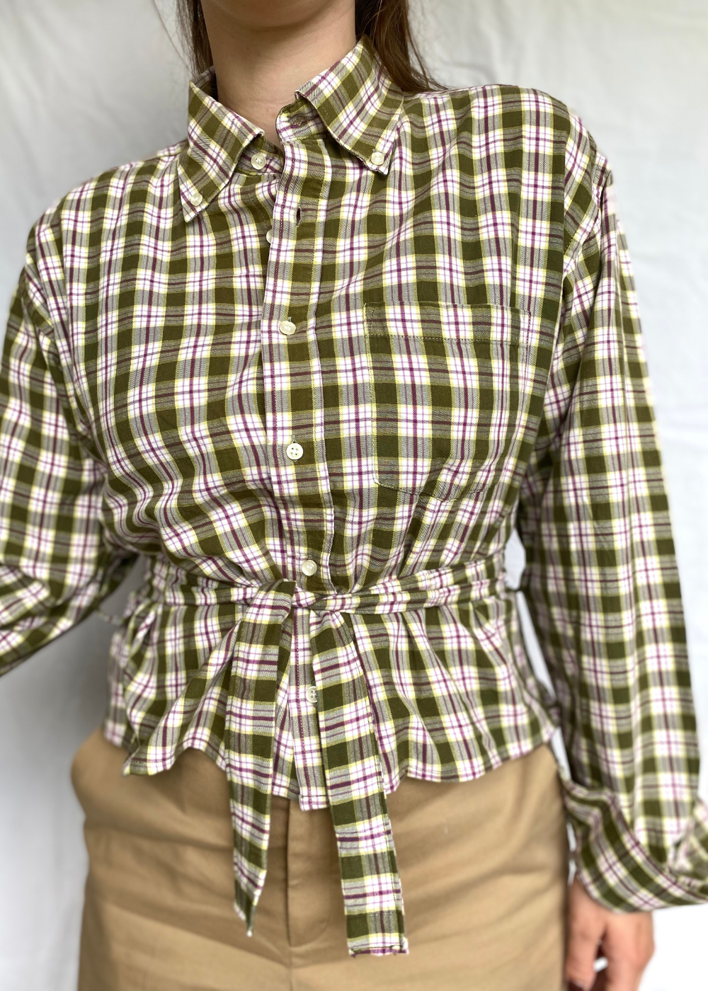 Remade - geblokte blouse met strik - maat L/XL