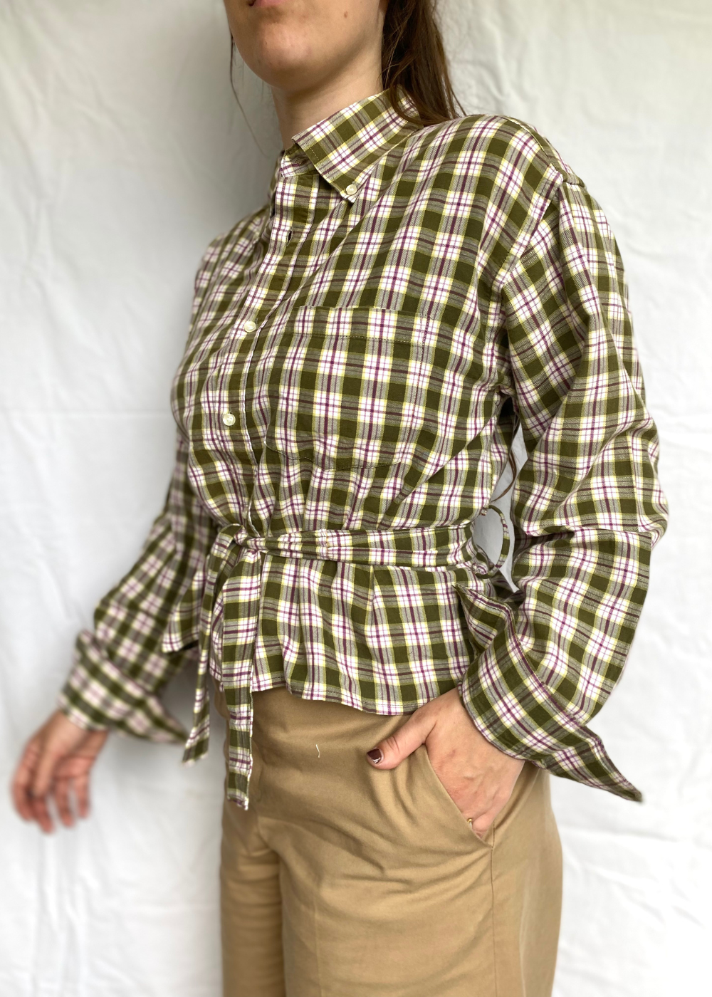 Remade - geblokte blouse met strik - maat L/XL