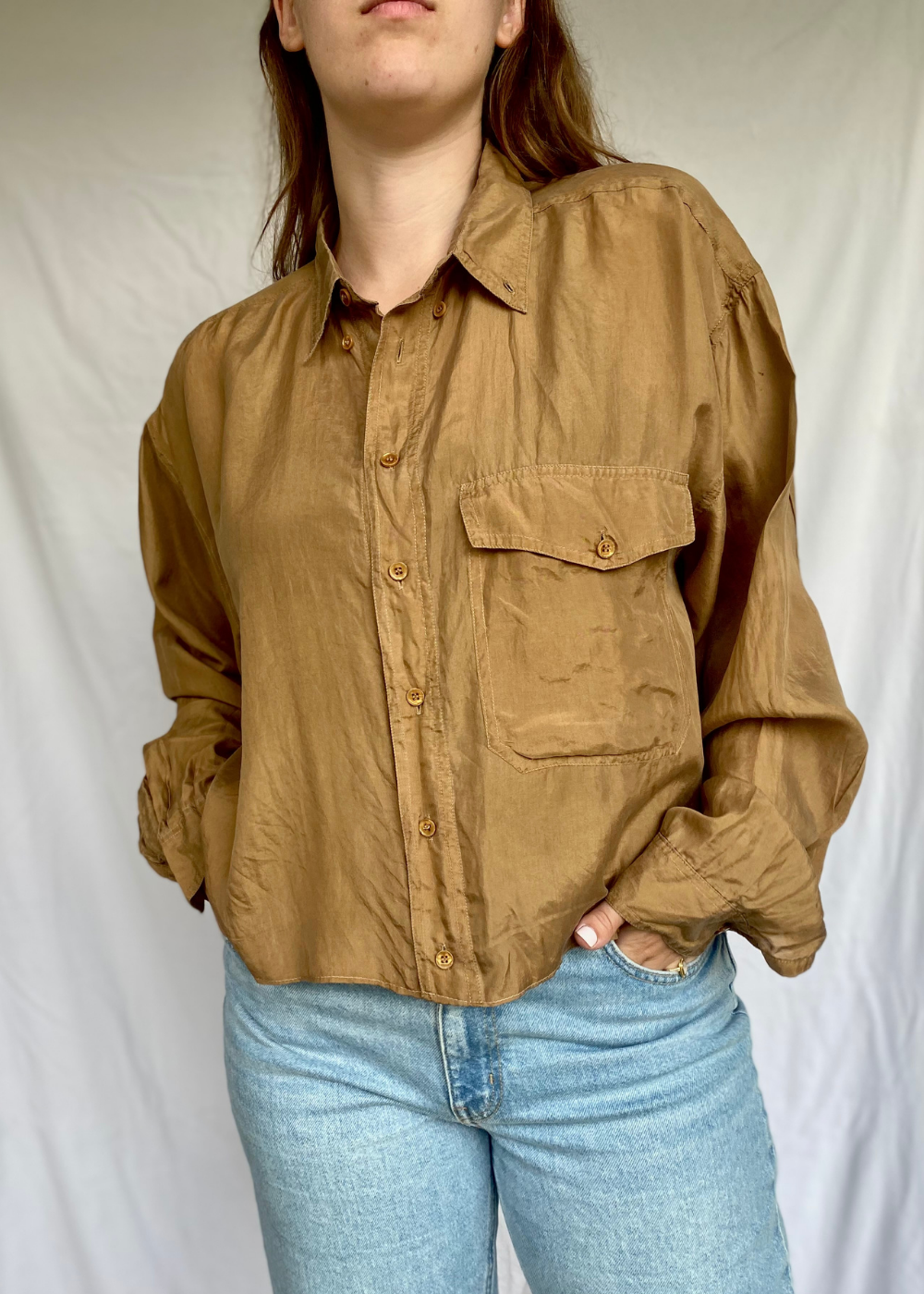 Camel bruine zijde dames blouse - maat L/XL/XXL