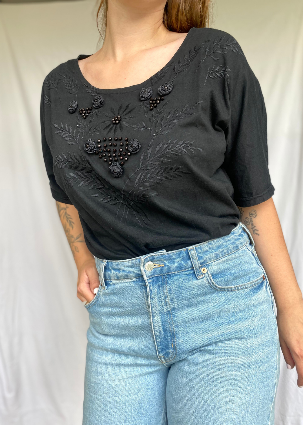 Dames zwart shirt met kralen & borduursel - maat L/XL