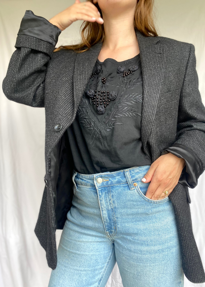 Dames zwart shirt met kralen & borduursel - maat L/XL