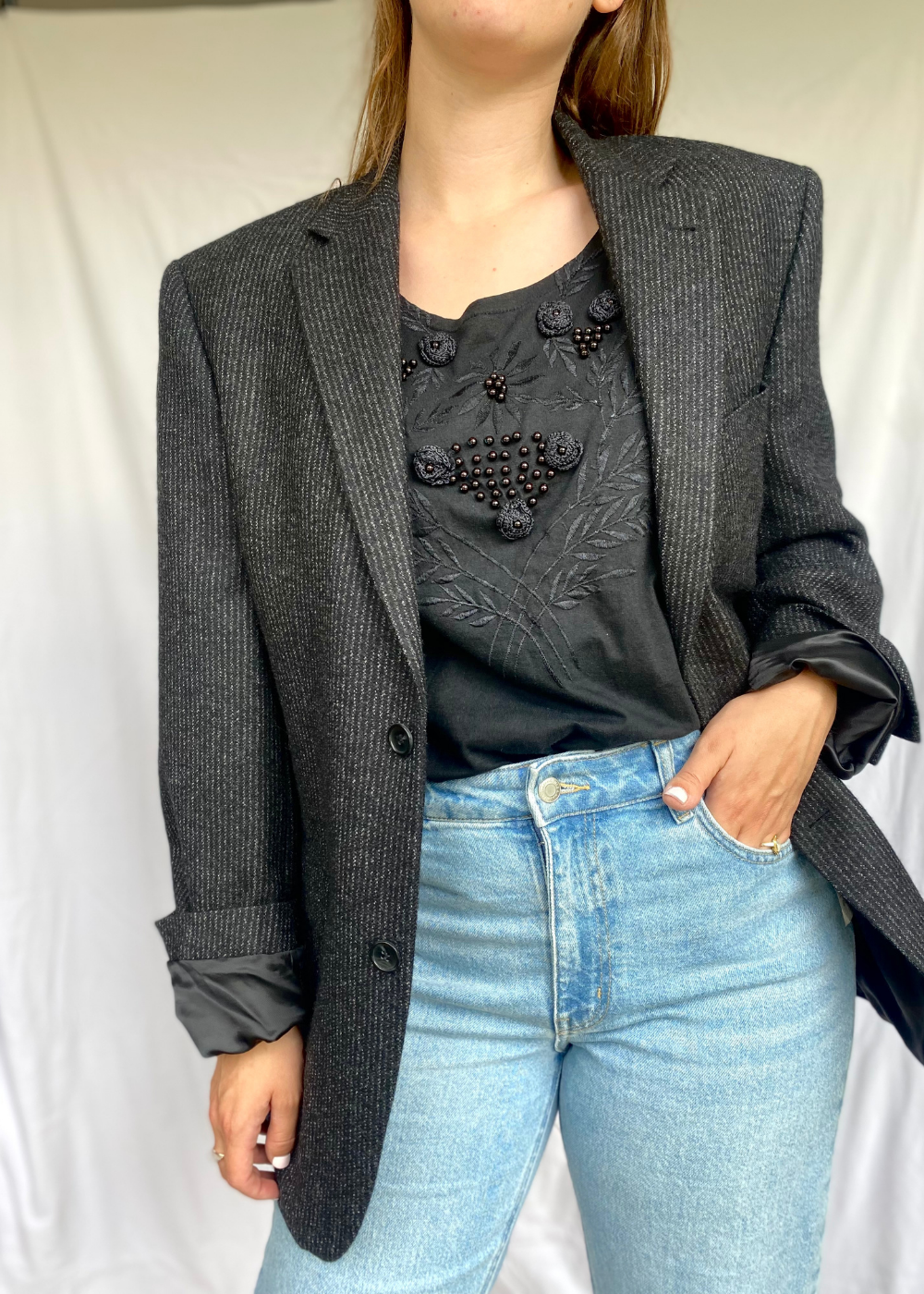Dames zwart shirt met kralen & borduursel - maat L/XL